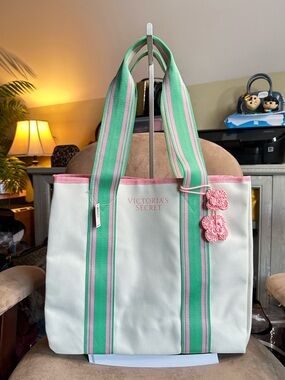 Victoria's Secret Large Fabric Canvas Tote in Cream w/ Mint & Pink Stripes, NWT